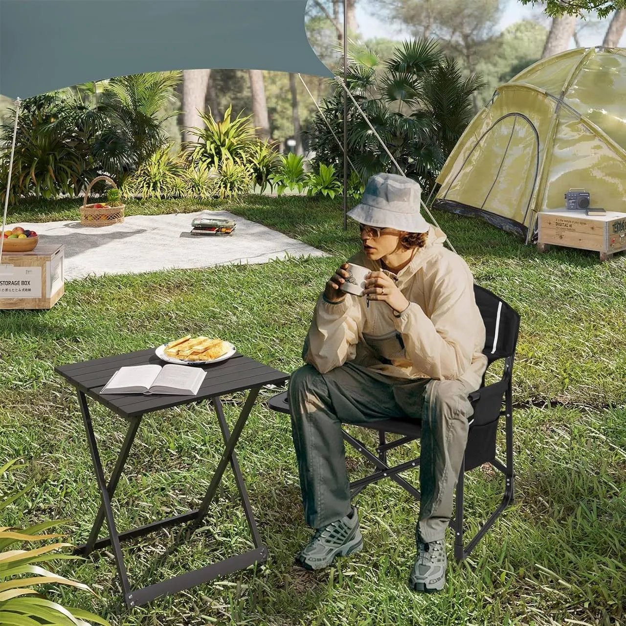 WOLTU campingstoel, visstoel, met bijzettafel, bekerhouder, zijvak, zwart