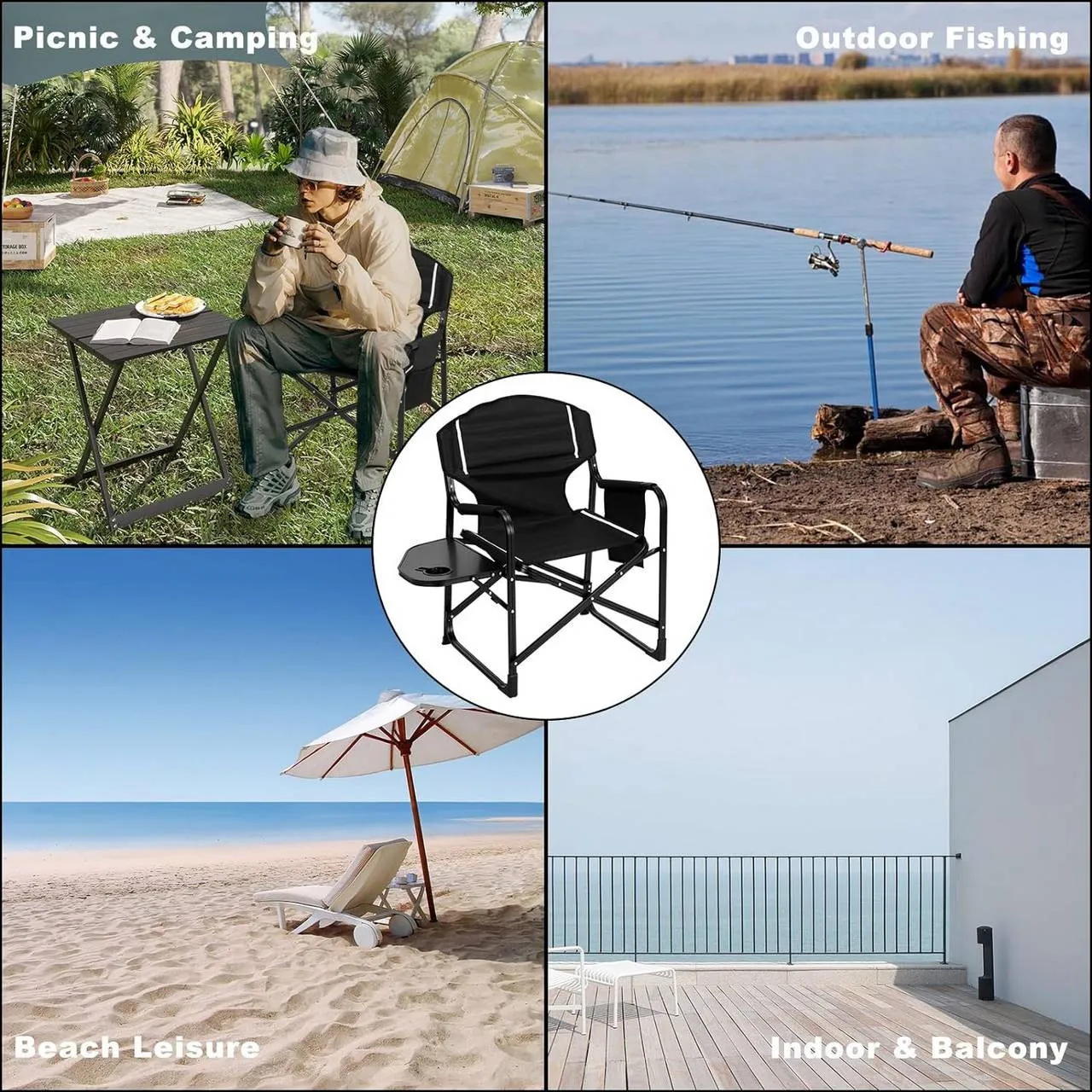 WOLTU campingstoel, visstoel, met bijzettafel, bekerhouder, zijvak, zwart