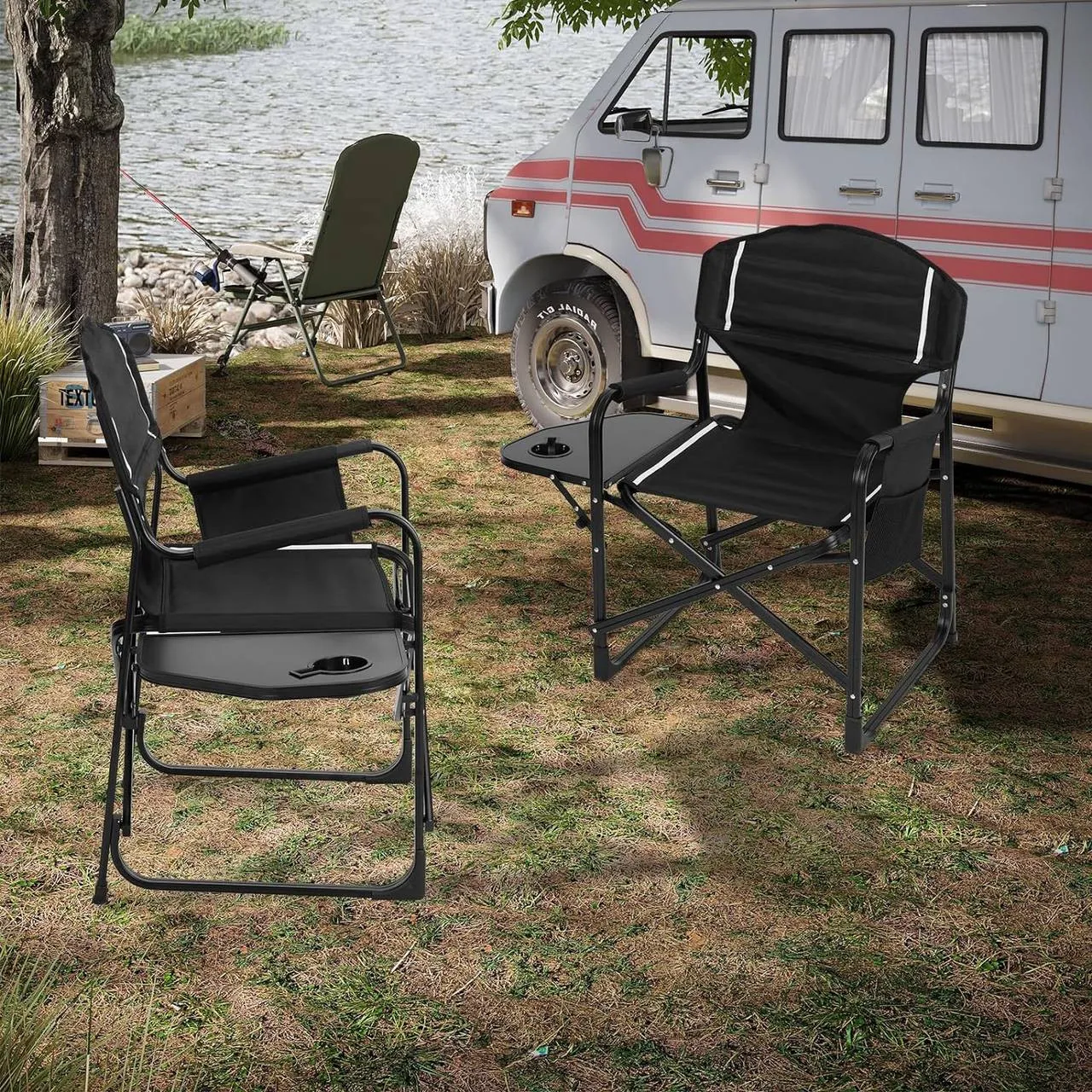WOLTU campingstoel, visstoel, met bijzettafel, bekerhouder, zijvak, zwart